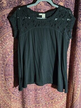 DKNY Black Lace Yoke Short Sleeve Blouse